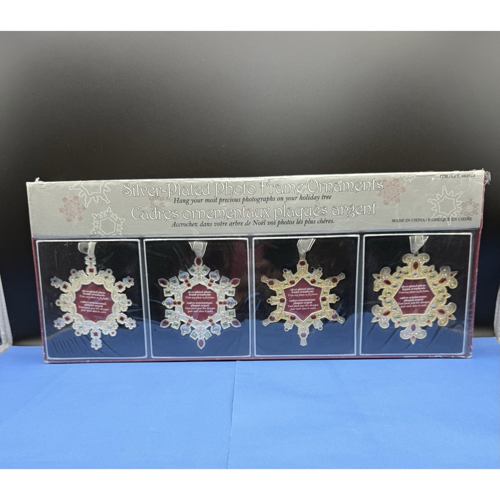 Vtg. Set of 4 Silver Plated Photo Frame Snowflake Christmas Ornaments New in Box